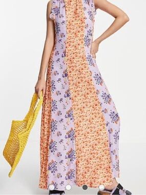 VILA Lavender and Peach Floral Panel Maxi Dress with Yellow Accents
